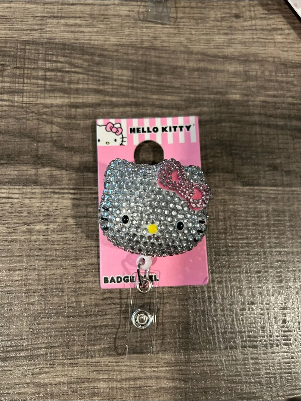 Hello Kitty Silver Crystal Badge Reel with Pink Bow Accent